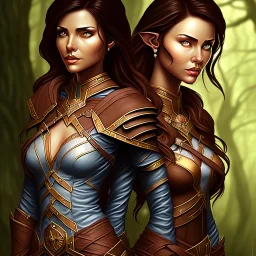 dungeons and dragons, female wood elf, druid, brown hair, brown eyes, full body, realistic face, short hair, hair tied back, large nose, closed mouth, leather armor, dark skin, one person