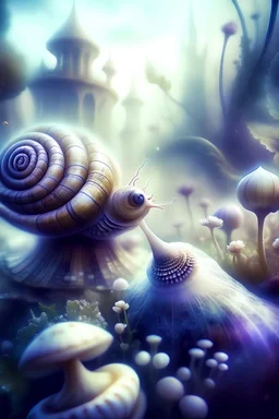 magical mystical fairy garden, intricate, soft, foggy, beautiful, with a simple snail in it