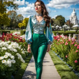 fullbody girl makeup wearing a dark green-silver victorian top and pants walking in moder city of 2040 park ,flowers ,pretty clouds in blue sky,city escape.