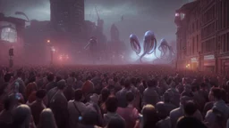 a crowd enjoys watching our lovecraftian alien overlords attack major cities