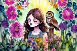 thankful praying owl girl in flowergarden in sunshine, watercolor and ink