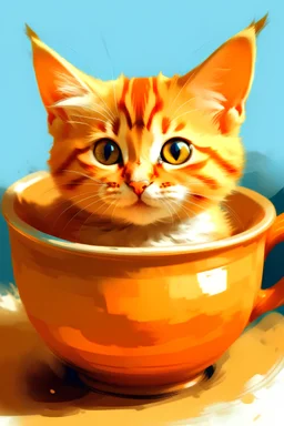 Retrato de un Pequeño gatito feliz naranja dentro de una taza estilo van gohg