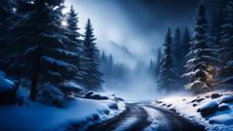 fir forrest scenery, heavy mist,valley,creek,forest,christmas ,tree,,nature,night,snow,fir tree,high-quality photograph,zeiss prime lens, bokeh , high detail, smooth render, unreal engine 5, dust effect, vivid colors,night