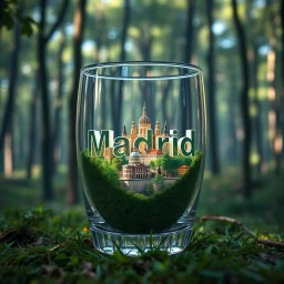 Create hyper-realistic photo of a glass tumbler in a wild forest. Inside, a miniature [Madrid] with landmarks. A trasparrent 3D text of [Madrid] blends naturally into the landscape . Soft bright daylight, reflections, and subtle imperfections like fingerprints. DSLR quality, sharp focus.