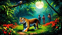 A tiger prowls through a lush jungle filled with dense foliage, vibrant red and yellow flowers, and tall trees. In the background, three figures carrying spears walk through the undergrowth, and a full moon shines in the night sky. A bird perches on a branch in the upper center of the image. The scene is rendered in a naive, dreamlike style with bold colors and flattened perspective.