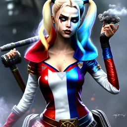 only harley quinn, fly hair, mist around, highly realistic, highly detailed, warrior armor, mist around, smoke