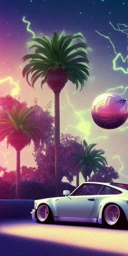 1980's aesthetic vaporwave palm trees and spheres and Porsche with lightning