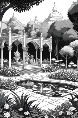 Illustrate a peaceful garden scene, reflecting the lush and serene gardens that were an integral part of Moorish architecture. black and white