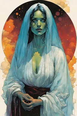 create an imaginative drawing of the pale translucent ghost of an ancient Romanian female gypsy fortuneteller, clothed in ragged traditional dress, with finely detailed hair and feminine facial features, in the comic book art style of Bill Sienkiewicz, Mike Mignola, and Jean Giraud Moebius, finely textured, drawn, colored, and inked, suffused with dark foreboding shadows