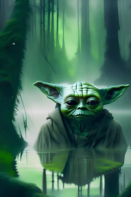 Earthy Yoda upclose in lake surrounded by foggy forest Ruben's style no harsh green happy