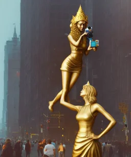 Statue of Queen of photography holding camera in hands. Cute blonde woman. Photographer in golden crown. Standing on the street. Big camera in her hand. hyperdetailed, photorealistic, trending on artstation, greg rutkowski, beksinski, kodachrome, volumetric lighting, gold and cyan