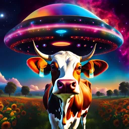 a vibrant sparkling alien spaceship is covering all the sky, a cow is flying under it, seen from below, 8K, hyperdetailed, colourful, triadic colours, photorealistic digital art