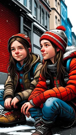 iki kız beraber sokakta oturuyorlar yaşları daha büyük liseliler daha renkli