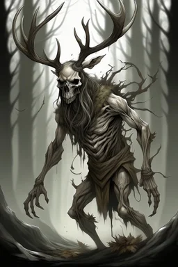 wendigo with deer skull covering head and face full body image