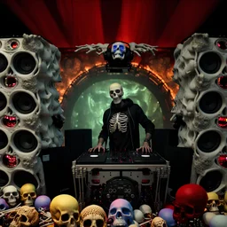 DJ of the damnded, insanely detailed DJ booth in hell, MID set, speakers and equipment made of bone, anatomically correct, add more skulls in th audience, photorealism, vray, 8k 3d