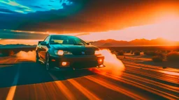 Create a cinematic wide-angle shot featuring the front view of a black and rusty 1998 Honda Civic racing through a post-apocalyptic desert road during a desert storm. Embrace a post-apocalyptic photography style to evoke a realistic yet dramatic and dark atmosphere, emphasizing the importance of achieving a cinematic look. Depict the resilient Honda Civic in this transformed world, navigating the harsh desert conditions and swirling sandstorm with speed and intensity.