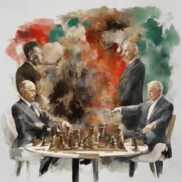 Putin, President Xi Of China And Joe Biden Play Chess With Atomic Bomb Mushroom Cloud,Complex Surgical Instruments Intermixed With A Newborn Boy,Minimalism,Painting By Adrian Ghenie,Rene Magritte,Pablo Picasso,Michelangelo,Salvador Dali,Lucian Freud