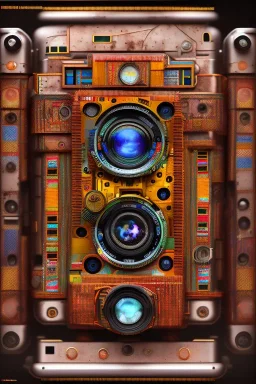 futuristic pinhole camera in Kente, rusted clocks lens, cinematic, scaffolding, cyberpunk, 8k quality