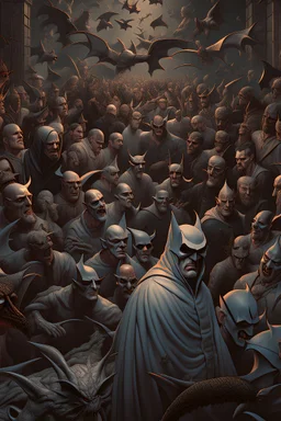 Bosch nightmares paint style Title: "a surrounded by front view of many angry bats , insanely detailed octane render trending on artstation, 8k artistic photography, photorealistic concept art, soft natural volumetric cinematic perfect light, chiaroscuro, award-winning photograph, masterpiece, oil on canvas, Raphael, Caravaggio, Greg Rutkowski, people, beksinski, Giger