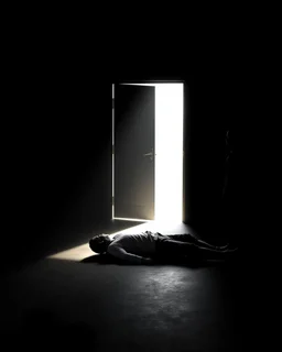 In a dark room, light streams in through an open door symbolizing new possibilities, hope, and overcoming problems.a man is laying down dead , a man is standing looking at him