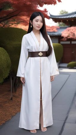 4K Photorealism : 30 year old Asian woman with a full body with a proportional body, symmetrical face, precise clean brown eyes, long flowing hair, precise chest accentuation, showing typical Japanese clothing