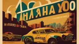 "I'm seeking an exhilarating poster for '<Achayo> Vintage Rally Racing.' The backdrop should feature an Ethiopian cityscape, capturing the vibrancy of urban life. In the foreground, a stylish vintage rally car, complete with rally lights and vintage decals, takes center stage. Use earthy tones for the city background and vibrant colors for the rally car. Select bold fonts in dynamic colors for the event title and details. Incorporate dust or dirt effects to evoke the rally racing atmosphere. Inc