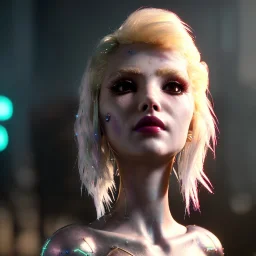 pretty blonde cyber woman, cold ambient, latex, cables, purpurin, blood, black, gold, piercings, brown, decorative color feathers, circuits, neon style, a lot of led lights, fog, rain, vibrant color, highly detailed, art stations, concept art, smooth, unreal engine 5, god rays, ray tracing, RTX, lumen lighting, ultra detail, volumetric lighting, 3d, finely drawn, high definition, high resolution.