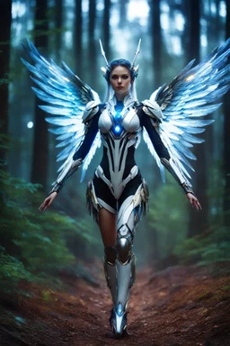 Front View night photography Beautiful Angel woman cyborg cybernetic, warframe armor, straddle wings in Magical Forest full of lights colors, Photography Art Photoshoot Art Cinematic Soft Blur Colors - on Running Dramatic Pose