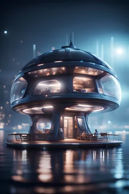 a misty catamaran dome modular house sub that looks like a dark twisted alien space ship with spotlights, in advanced hi tech dock, bokeh like f/0.8, tilt-shift lens 8k, high detail, smooth render, down-light, unreal engine, prize winning