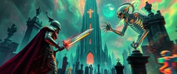Epic portrait of paladin vs lich in tower cemetery in the style of Giger and Escher in Transparent Psychedelic Fluorescent Colors looking like a Record Cover, multidimensional blur