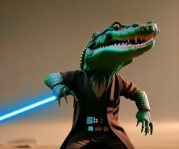 Star wars animation, crocodile, scale, samurai robe, holding lightsaber, hands, wrist gauntlets