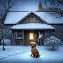 portrait of sad, scared, lonely dog tied with a short leash in front of house, winter, 8k resolution, high-quality, fine-detail, intricate, digital art, detailed matte, volumetric lighting, illustration, 3D octane render, brian froud, howard lyon, selina french, anna dittmann, annie stokes, lisa parker, greg rutowski