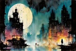 create a wildly conceptual ink wash and watercolor illustration of an ethereal, otherworldly , darkened, antediluvian vampire city, in the comic book art style of Bill Sienkiewicz, Mike Mignola, Sparth, and Jean Giraud Moebius, finely drawn, colored and inked, suffused with dramatic natural light and shadow in heavy rain under a midnight moon