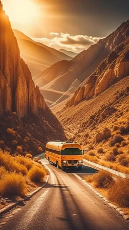 A school bus road in a stunning mountain landscape, mountain gorge, bright color palette, high detail, perfect composition, gcinematic shot, intricate details, hyperdetail