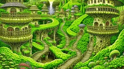 Gigantic mushroom village with balconies, archways, stairs, bridges, bushes, spanish moss, ivy, river, a winding pathway through the middle, in a valley