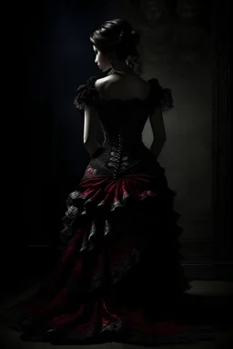 A beautifully (((youg girl))), featuring a (((vampire female))) from the back, with a distinctive large posterior, full body set against a dramatically contrasting high-contrast environment, where intricate details in her dress' fabric stand out against the shadows, evoking a sense of mystery and sophistication. A detailed clothing texture further emphasizes the figure's allure, while a tight latex coat in a dark color gradient completes the vampiric look. The scene is further elevated by a styl