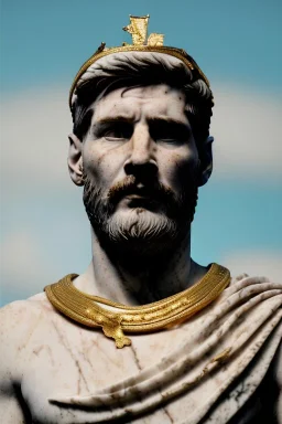 Realistic image, Roman sculpture made in white marble with gold veins, Lionel messi with gold laurel leaves crown, two blue brushes, decorative star on the chest, waist up portrait, marble material, gold ornaments, Baroque style, sun rays background, epic, celestial, cinematic lighting, God lights, 4k resolution, smooth details, soft lighting, unreal engine 5, art station, substance 3d.