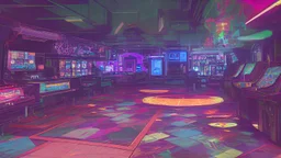 A dark photo of the corners of an 80's aesthetics arcade at night, with a lot of functioning arcade machines, a vaporwave floor and some colorful tiles in between the floor. Purple aesthetics.