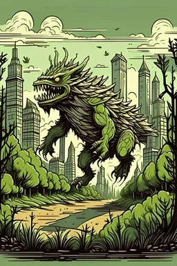 a monster of a forest running in direction of a city