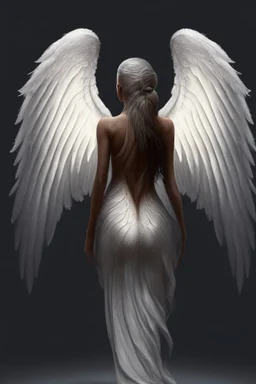 full body woman angel from back, angel wings tear her skin away and coming through from her neck, bun haired angel wearing long tunic ultra realistic design