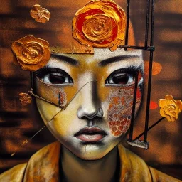 an abstract painting oil in canvas of rusted metal gold and flowers, Geisha portrait, rust, scaffolding, iron cladding, decay, mixed media, textured, anatomically correct, beautiful perfect face, sharp focus, highly detailed, masterpiece, realistic, intricate detail, sci-fi fantasy style, volumetric lighting, particles, highly detailed ,cinamatic , deep colours, 8k, by Gustav klimt , signed YAK