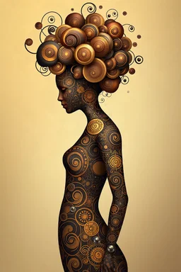 A digital artwork of a female figure adorned with intricate patterns and designs. The figure's body is covered in swirling lines, circles, and other abstract patterns in hues of mocha, navy and gold. Her head is uniquely decorated with a bouquet of spiraling, bubble-like structures. The background is a gradient , with abstract patterns that complement the figure's design. The overall ambiance of the image is dreamy and surreal.