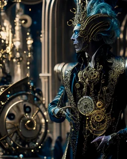 Captivating cinematic portrait of an alien man with intricate clock-like dial, adorned with gears and springs that move to create countless expressions. His metallic skin shines under the soft lighting, he wears a wig and a baroque-style frock coat, with an air of elegance. In the background, a concert hall with musicians and an audience captivated by the mechanical face of the alien, immersed in a whimsical and harmonious atmosphere