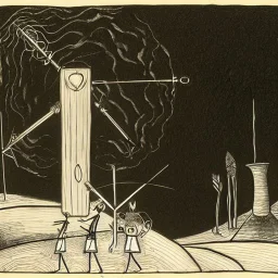 hand drawn in single line by Nicolai Blatter with hatch with parallel wavy lines metal engraving representing the Adventures of Don Quixote de la Mancha in bosch style or salvador dali style