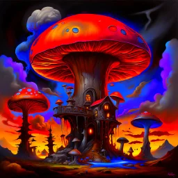 A fantabulous black, orange, and blue (((mushroom tower house))) erected atop a (geologic pillar), surrounded by the uncanny imaginative ((( swirling skies))), offset by the stark hues of a (neon-tinged nebulous space scape), within. captured by the hand a skilled master painter with a focus on (softly blurred compositions and voluminous lighting).