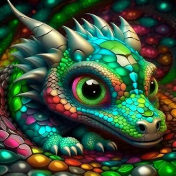 Cute baby dragon with big eyes lying curled up, sparkling colorful 3D fractal skin folds that look like glass, sparkling colorful 3D mosaic background