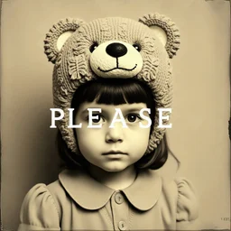 a girl with a teddy bear head, static, with the word PLEASE, old sepia photo