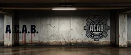 background of wall(wet textured concrete, gray, old, cracked, bullet holes, blood stained, 1 wall light) from underground parking, german style, a large blocky "A.C.A.B." painted on left(old faded paint, red stains running down and past), cyberpunk, mural of a Judge Dredd style badge