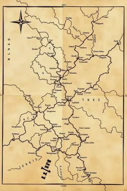 a scan of an ancient Cree Anishinaabe road map, black and white printed map that has been been stained and weathered, text is in a Cree Syllabic font
