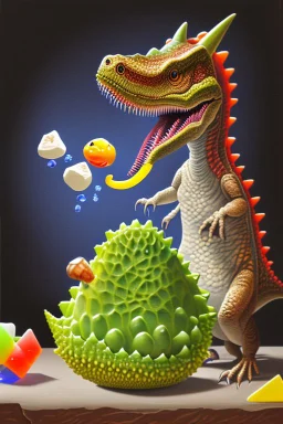 In this still life painting, a small plastic dinosaur is facing off with a gummy worm, both looking rather stern. The dinosaur has its tiny arms crossed in defiance, while the gummy worm seems to be attempting to reason with it. Meanwhile, a lone marshmallow sits nearby, looking bewildered by the whole situation. It's a humorous take on the clash between toys and sweets, with a touch of dry wit.